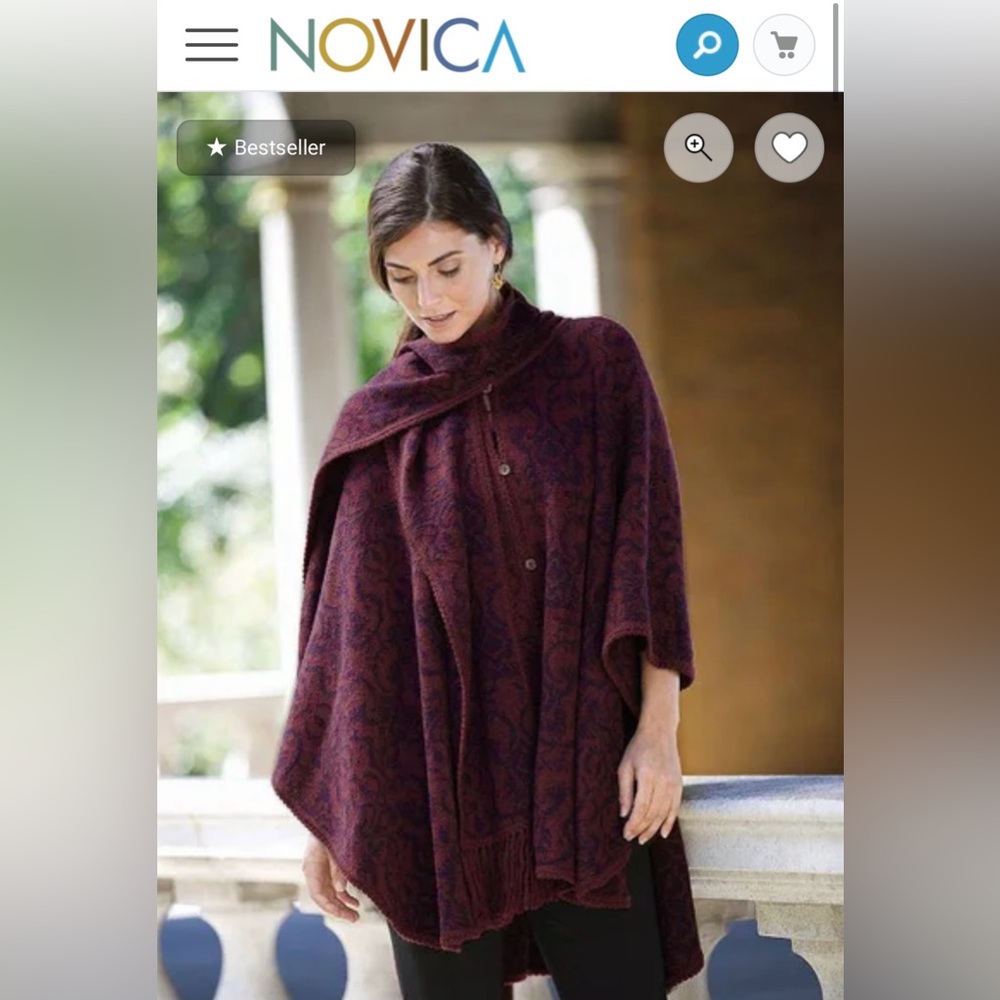 Alpaca Blend Wine and Purple Ruana with Scarf, "Peruvian Wildflower in Red"